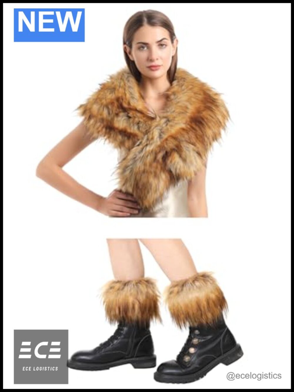 Faux Fur Collar Scarf and Knit Boot Cuffs Leg Warmer Set One Size